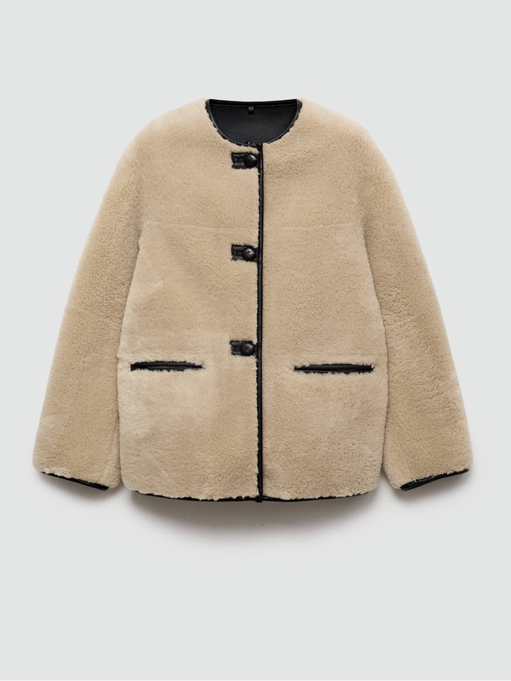 Mango Faux Shearling Teddy Coat Beige Black Trim Toggle Jacket Oversized XS New